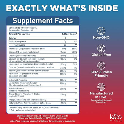 Keto Vitals Super Focus Drink Mix with Electrolytes & Caffeine Powder Packets - Nootropic Brain Support Supplement for Energy and Focus - Includes Lions Mane, L Tyrosine & Rhodiola - 30 Servings