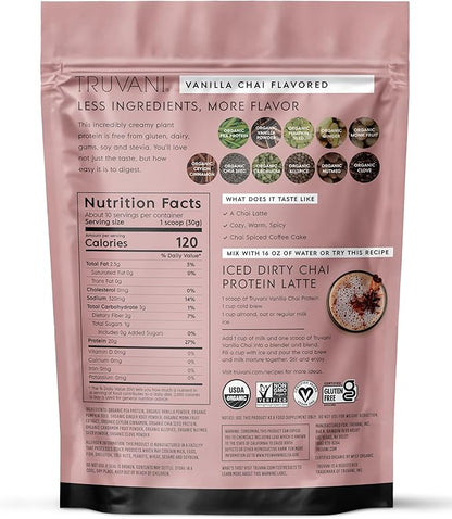 Truvani Vegan Pea Protein Powder | Vanilla Chai | 20g Organic Plant Based Protein | 10 Servings | Keto | Gluten & Dairy Free | Low Carb | No Added Sugar