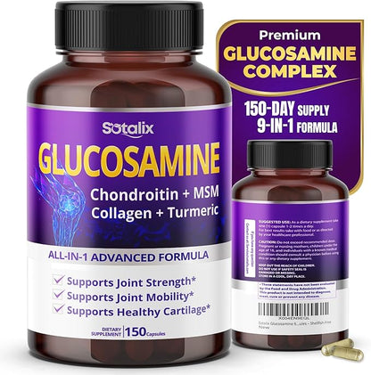 Sotalix Glucosamine 650mg – All-in-1 Joint Support with Chondroitin, MSM, Collagen, Turmeric, Vitamin D3 & Hyaluronic Acid – 150 Capsules – Shellfish-Free