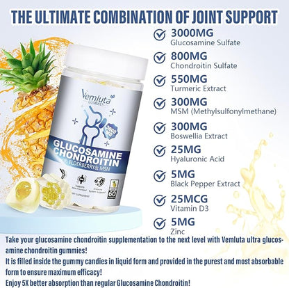 2 Packs Glucosamine Chondroitin Gummies - 3000MG Extra Strength Joint Support Supplement with MSM, Flexibility, Antioxidant Immune Support Gummy for Adults, Men & Women - 120 Cts