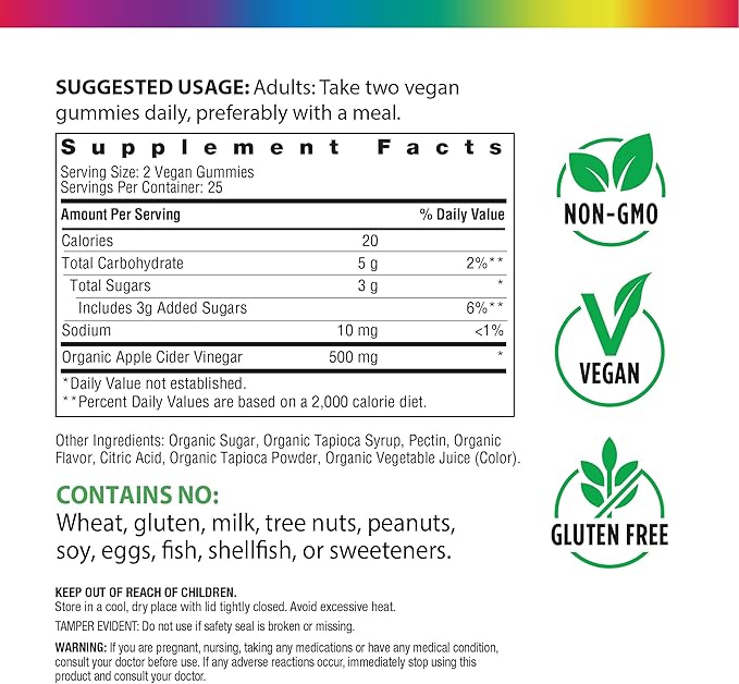Rainbow Light Apple Cider Vinegar Gummies | 50 Count | Delicious Apple Flavor | with No Vinegar Aftertaste | USDA Organic | Vegan, Non-GMO, Gluten Free