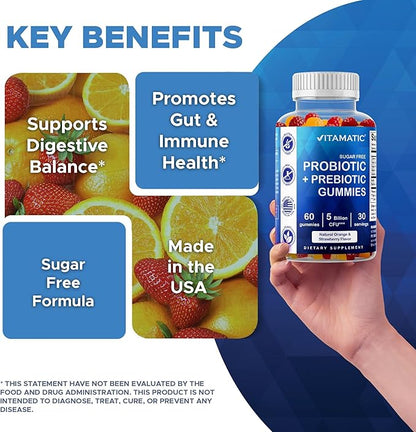 Vitamatic Probiotic Sugar Free Gummies for Men and Women – 5 Billion CFUs Digestive, Immune & Gut Health Support – Gluten Free