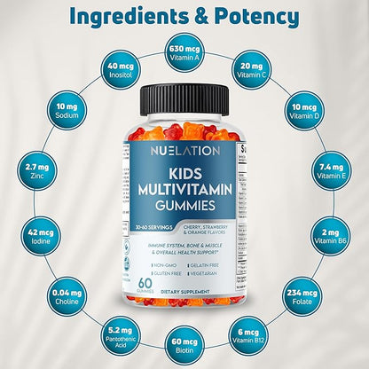 Vegetarian Kids Multivitamin Gummies, 30–60 Servings. With 14 Essential Vitamins & Minerals. Gelatin-Free, Gluten-Free. Non-GMO Gummy Vitamins for Toddlers, Support Immune, Bones & Overall Wellness