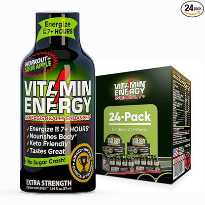 Vitamin Energy Workout+ Extra Strength Energy Shot Sour Apple 24 Pack, 260mg Natural Caffeine, Pre-Workout, B-Vitamins, Minerals, Endurance & Performance, Zero Sugar, Gluten-Free, Vegan, 1.93 fl oz