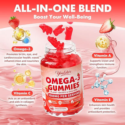 Vegan Omega-3 Gummies 1000mg, Omega 3 Fish Oil Alternative for Adults, Plant Based DHA 460mg & EPA 230mg w/Vitamin A, C, E - Supports Immune Function, Sugar Free, Strawberry Flavor, 60 Count