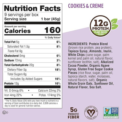 Lenny & Larry's Cookie-fied Protein Bar – Cookies & Creme Vegan Protein Bars 9x45g – Healthy Snacks with 12g Plant Protein & 5g Fiber – Gluten Free Power Bar, Non-GMO & Vegan