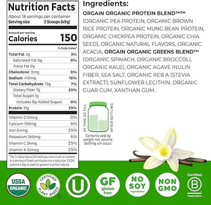 Orgain Organic Vegan Protein Powder + Greens, Vanilla Bean - 21g Plant Based Protein, Gluten Free, Dairy Free, Lactose Free, Soy Free, No Sugar Added, With Iron & Prebiotics for Gut Health - 1.94lb
