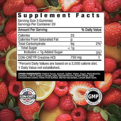 CON-CRET Creatine HCl Gummies for Men & Women | Muscle, Cognitive, Cellular Energy Support | No Bloating or Cramps | USA Made | Berry Zing (60 Count)