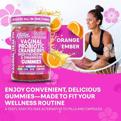 Clean Nutra Vaginal Probiotic Gummies for Women Cranberry Digestive Enzymes D Mannose Womens Probiotic Dmannose Horsetail Bromelain Chicory Fiber Feminine Care Prebiotics Inulin Papaya Enzyme Gummy