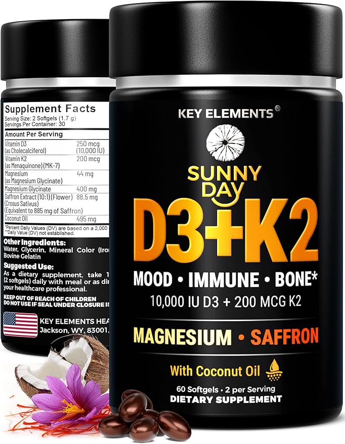 KEY ELEMENTS Vitamin D3 K2 10,000 IU with Magnesium Glycinate 400mg & Saffron 88.5mg - Mood, Immune, Bone Health - Vitamin D and K (MK-7) 200mcg - Non-GMO, Gluten-Free Softgels for Women & Men