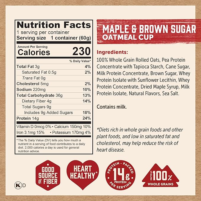 Kodiak Cakes Instant Protein Maple & Brown Sugar Oatmeal in a Cup, 2.12oz, (Pack of 24)