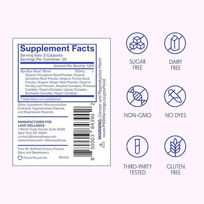 Love Wellness Bye Bye Bloat | Digestive Enzymes for Fast Acting Bloating Relief for Women | Helps Reduce Water Retention & Gas Relief | Supports Digestive Health with Fenugreek & Dandelion | 60 Count