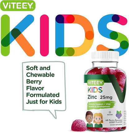 Viteey Zinc for Kids Gummies, 25mg - Immune Support - Powerful Natural Antioxidant, Kids Zinc Vitamin Supplement - Vegan, Gelatin Free, Gluten Free - Tasty Chewable Berry Flavor Gummy