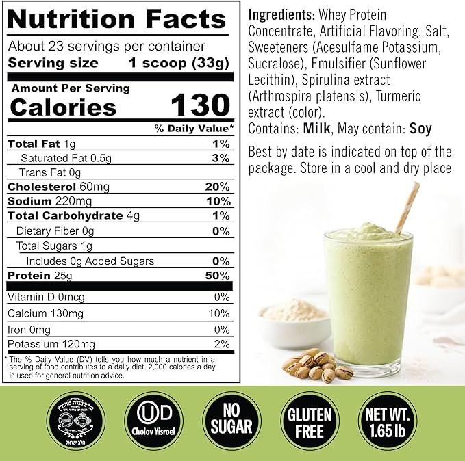Creamy Pistachio Protein Powder. 25g Protein Shake Powder for Post Workout Recovery, Smoothie & Baking. Gluten & Sugar Free, Highly Kosher, Amino Acids (5.5g BCAA, 2.7g Leucine), 23 Servings