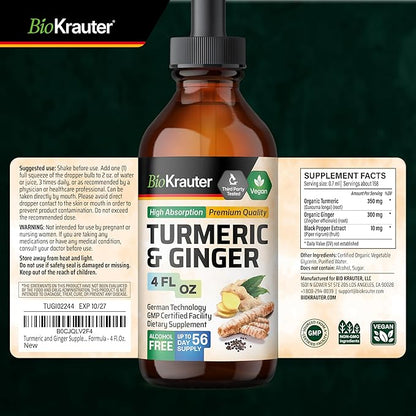 BIO KRAUTER® Turmeric and Ginger Supplement - Pure Vegan Liquid Turmeric & Ginger Tincture with Pepper 4 Fl.Oz 56 Days of Supply - Curcumin Drops for Joint Support, Antioxidant & Immune Support