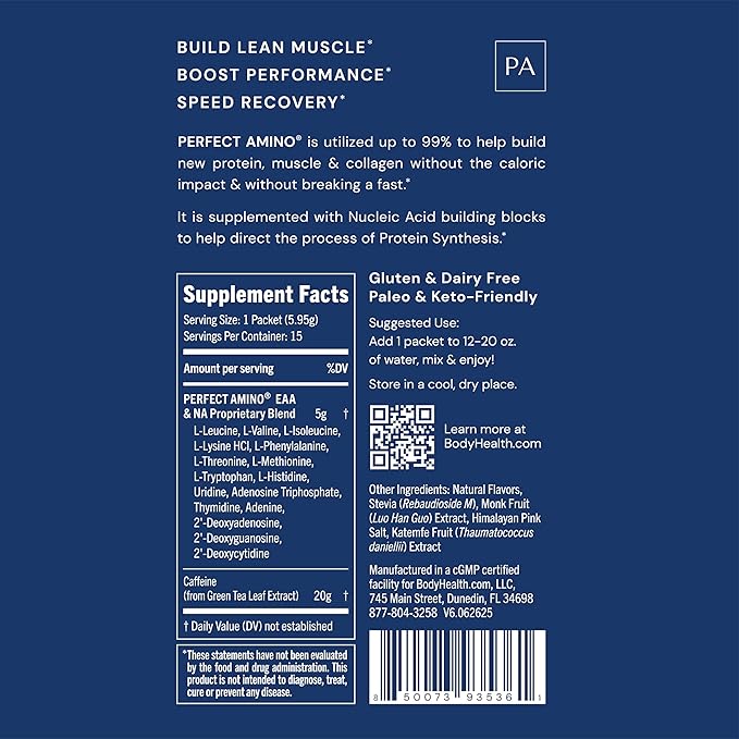 BodyHealth PerfectAmino Powder - BCAA and EAA Powder for Pre and Post Workout - Amino Acid Energy Drink for Men and Women to Support Lean Muscle and Recovery - Mocha - Stick Packs - 15 Servings