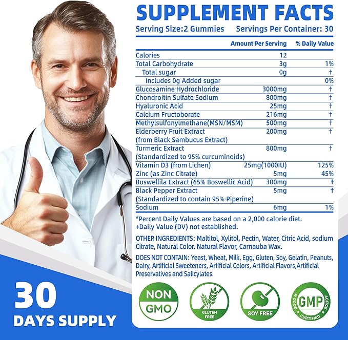 Nutravita Glucosamine Chondroitin Gummies with MSM & Elderberry Extra Strength - Joint Support, Antioxidant Immune Support Supplement for Adults, Men & Women.120 Blueberry Chews