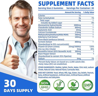 Nutravita Glucosamine Chondroitin Gummies with MSM & Elderberry Extra Strength - Joint Support, Antioxidant Immune Support Supplement for Adults, Men & Women.120 Blueberry Chews