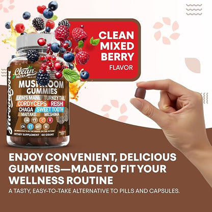15in1 Mushroom Gummies with Lion's Mane Turkey Tail Cordyceps Reishi Chaga Sweet Toot Maitake Meshima Poria Cocos Shiitake Tremella, Oyster Agaricus Mushrooms for Men and Women Supplement - 2Pack