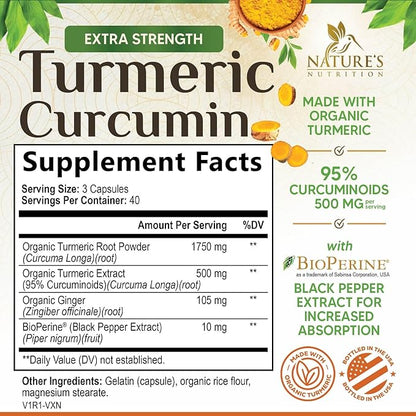 Turmeric Curcumin Supplement 2350mg - 95% Curcuminoids with Organic Turmeric & Ginger, BioPerine Black Pepper for Best Absorption, Nature's Vegan Joint Support, Non-GMO, Bottled in USA - 120 Capsules