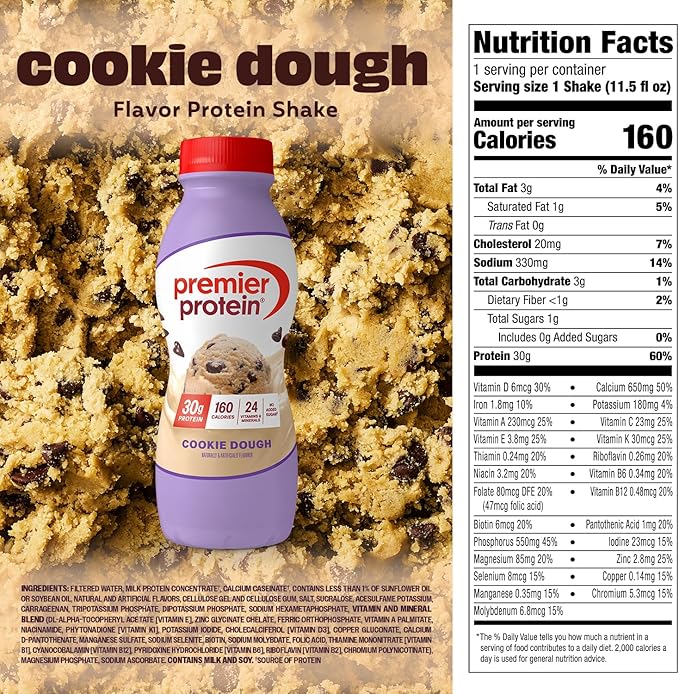 Premier Protein Shake, Cookie Dough, 30g Protein, No Added Sugar, 24 Vitamins & Minerals to Support Immune Health, 11.5 fl oz, 12 Pack