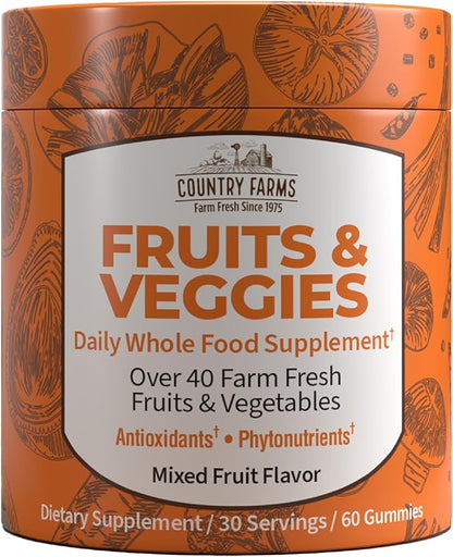 COUNTRY FARMS Fruits and Veggies Gummies, with Over 40 Farm Fresh Fruits & Vegetables, Packed with Powerful Antioxidants, (Spirulina, Blueberry, Mushrooms), Daily Whole Food Supplement, Pectin Based,