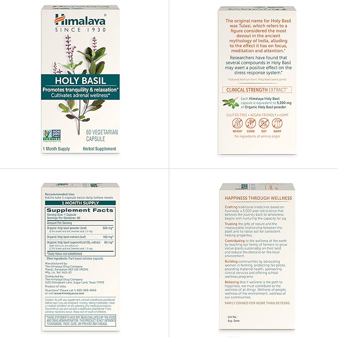 Himalaya Holy Basil - Herbal Adrenal Support for Stress Relief, Relaxation, Energy Support and Occasional Sleeplessness - Vegan, Non-GMO, Gluten Free, 720 mg, 60 Capsules