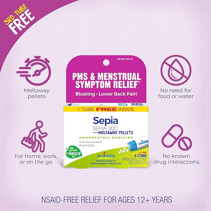 Boiron Sepia 30C Homeopathic Medicine for PMS and Menstrual Symptom Relief - Bloating and Lower Back Pain During Menstruation - 3 Count (240 Pellets)