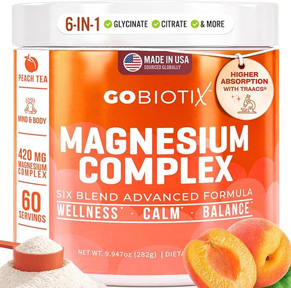 GoBiotix Magnesium Glycinate Powder – Cortisol Supplements for Women and Men – High Absorption Magnesium Complex Calm Supplement with Citrate, Malate – Sugar Free – 420 mg, 60 Servings - Peach Tea