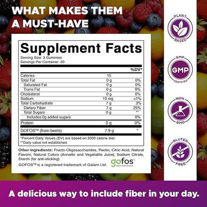 Vitamatic Prebiotic Fiber Gummies for Adults – 4 Pack (Total 120 Gummies) 7g Fiber per Serving | Extra Strength | Zero Sugar Added | Pectin-Based | Digestive Health & Regularity Support