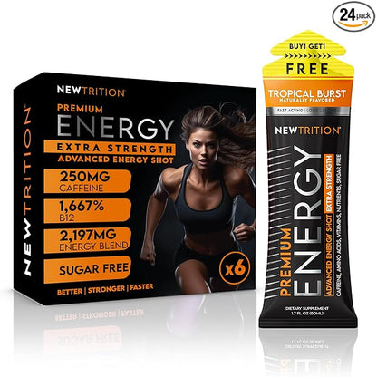 NewTrition® Extra Strength Energy Shots, 1.7 fl oz - 250mg Caffeine with Vitamin B & Amino Acids, Sugar-Free, Zero Calorie Vitamin Energy Drink for Focus & Endurance (Pack of 6, Tropical Burst)