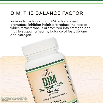 DIM Supplement for Women and Men (Diindolylmethane Estrogen Blocking Supplement, Hormonal Acne Treatment, Hormone Balance for Women) 400mg Servings, 200mg Per Capsule, 60 Capsules by Double Wood
