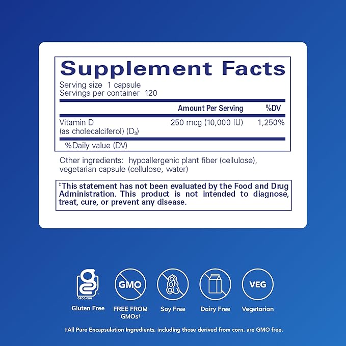 Pure Encapsulations Vitamin D3 250 mcg (10,000 IU) - Supplement to Support Bone, Joint, Breast, Heart, Colon & Immune Health - with Premium Vitamin D - 120 Capsules