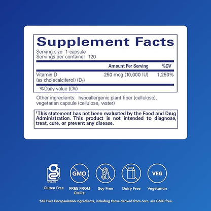 Pure Encapsulations Vitamin D3 250 mcg (10,000 IU) - Supplement to Support Bone, Joint, Breast, Heart, Colon & Immune Health - with Premium Vitamin D - 120 Capsules