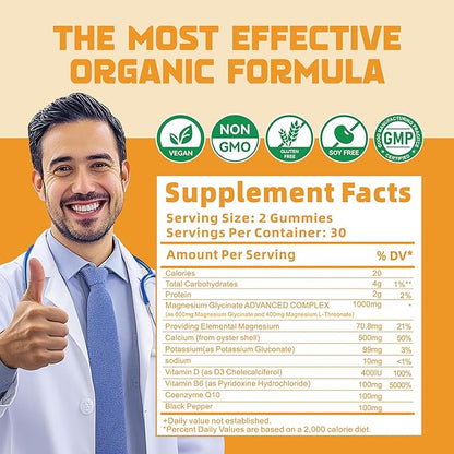 Magnesium Glycinate Gummies 1000mg - Sugar Free Magnesium Potassium Supplement with Vitamin D, B6, CoQ10 for Calm Mood & Sleep Support - 60 Orange Gummies