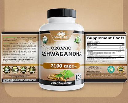 NaturaLife Labs Organic Ashwagandha 2100 mg per Serving – Herbal Supplement Root Powder & Extract – 100 Capsules – Vegan, Non-GMO, Gluten-Free (2 Pack)
