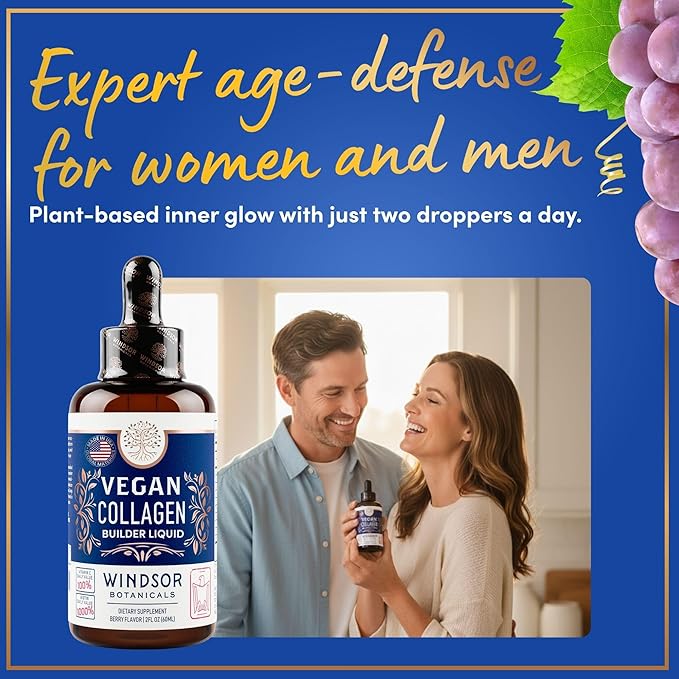 WINDSOR BOTANICALS Vegan Collagen Builder Liquid Supplement - Collagen Booster with Vitamin C, Biotin, Hyaluronic Acid & Amino Acids - Organic Fruit & Vegetable Blend - 120ml, 60 Day