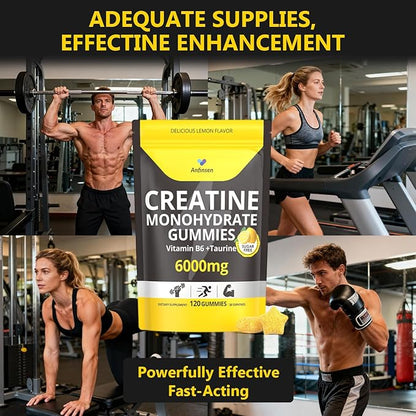 Creatine Gummies Sugar-Free with 6000 mg Creatine Monohydrate, Creatine for Women and Men Contains Vitamin B6 & Taurine, 120 Gummies