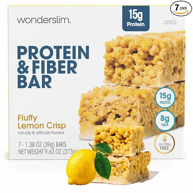 Wonderslim High Fiber Protein Bars, Fluffy Lemon Crisp | 15g Protein, 8g Fiber | Low Sugar, Low Carb | Healthy Indulgence | Satisfying, Supports Energy & On-the-Go Convenience, 7 Pack