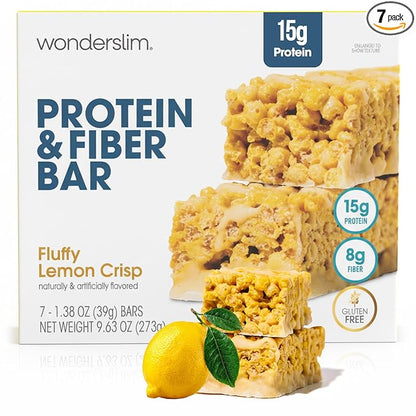 Wonderslim High Fiber Protein Bars, Fluffy Lemon Crisp | 15g Protein, 8g Fiber | Low Sugar, Low Carb | Healthy Indulgence | Satisfying, Supports Energy & On-the-Go Convenience, 7 Pack