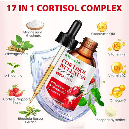 Cortisol Support Supplements for Men and Women, Cortisol Detox Hormone Balance with Magnesium, Ashwagandha, L-theanine, Phosphatidylserine for Lower Cortisol, Calm, Mood Support (60ML, strawberry)