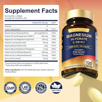 9-in-1 Magnesium Glycinate 500mg + Vitamin D3 5000 IU & K2 Complex - High Absorption - Healthy Stress, Sleep, Muscle Function, Bone Health & Energy Supports | Non-GMO, Gluten-Free 120 Softgels