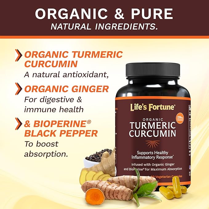 Life's Fortune Organic Turmeric Curcumin with Black Pepper and Ginger, Enhanced Absorption, Extra Strength Supplement, Joint & Immune Support, Non-GMO, 90 Cap - 2250mg