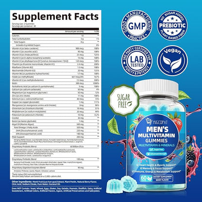 Migcopat 2-Pack Multivitamin for Men, Mens Multivitamins Gummies w/Omega-3, Probiotics, Inositol, Folate, Male Support Blend, Vitamins A, C, D, E, B - Support Heart, Brain, Muscle, Energy, Sugar-Free