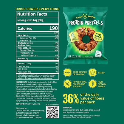 CRISP POWER Protein Pretzels, Variety Pack With Sea Salt, Sesame, & Everything, Up To 28G Protein, High Protein Snack, High Fiber, Low Carb Crunchy Pretzel Snacks, No Added Sugar, 1.75 oz Bags, 6 Pack, Vegan, Keto