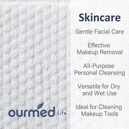 Ourmed Life Face Towels, Disposable Biodegradable Clean Facial Towels for Sensitive Skin, Lint- free Face Cloths for Makeup Remover, Skincare and Women Cleaning, Dry Wipes,480 Count Dot Texture