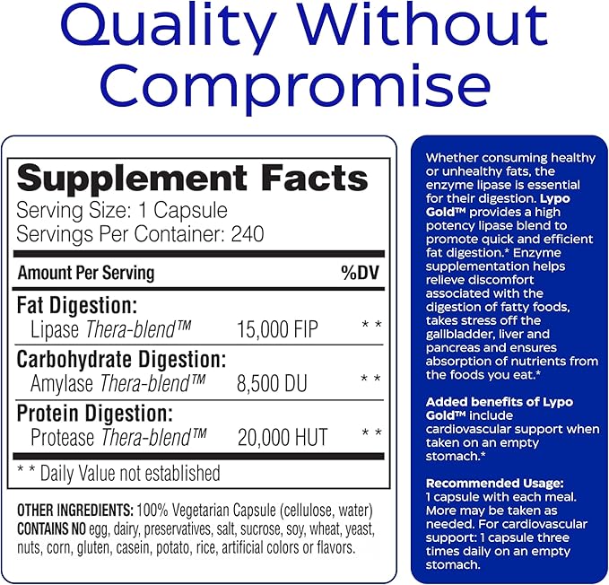 Enzymedica Lypo Gold, High Potency Lipase Digestive Enzymes for Fat Digestion, Supports Occasional Bloating Relief & Digestive Health, Keto-Friendly, Vegan, 240 Capsules