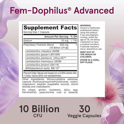 Jarrow Formulas Fem-Dophilus Advanced Vaginal & Digestive Probiotics 10 Billion CFU with 6 Science Backed Strains, for Vaginal, Urinary Tract, Digestive & Immune Support, 30 Capsules, Shelf-Stable