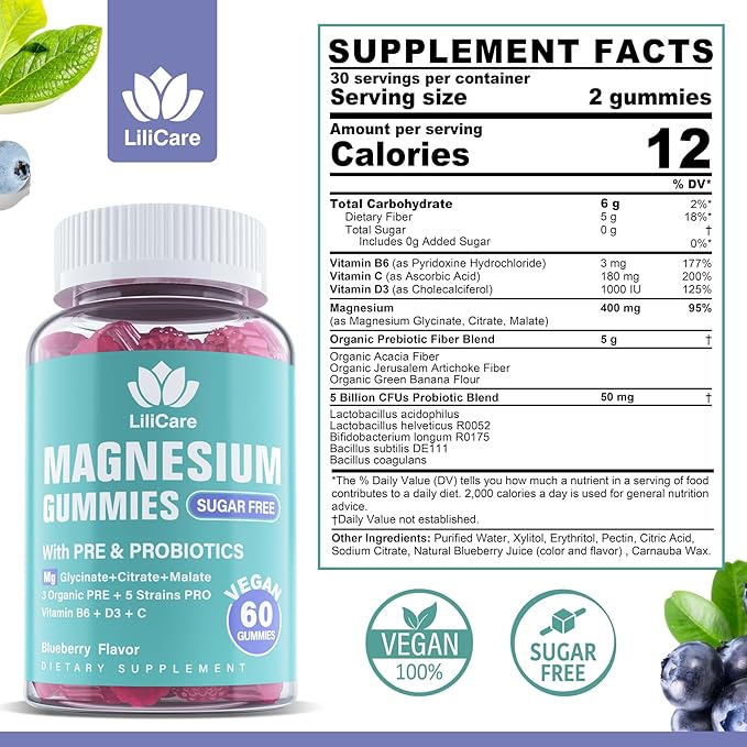 LILICARE Triple Magnesium Complex Gummies 400mg with Prebiotics & Probiotics 5 Billion CFUs, Magnesium Glycinate, Supplement Gummies with Vitamin B6, D3 & C for Muscles & Mood - 60 Count (Pack of 1)
