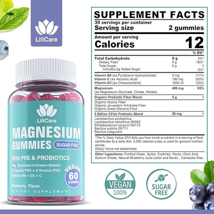 LILICARE Triple Magnesium Complex Gummies 400mg with Prebiotics & Probiotics 5 Billion CFUs, Magnesium Glycinate, Supplement Gummies with Vitamin B6, D3 & C for Muscles & Mood - 60 Count (Pack of 1)